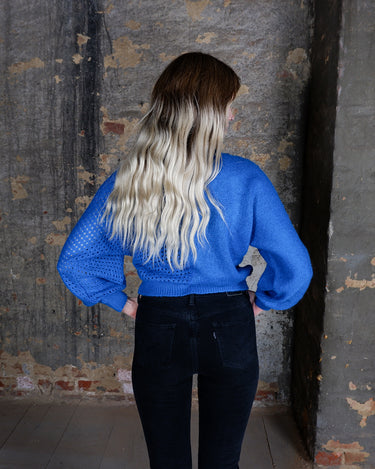 Vintage 80s electric blue patchwork knit cardigan, crochet detail | XS-S