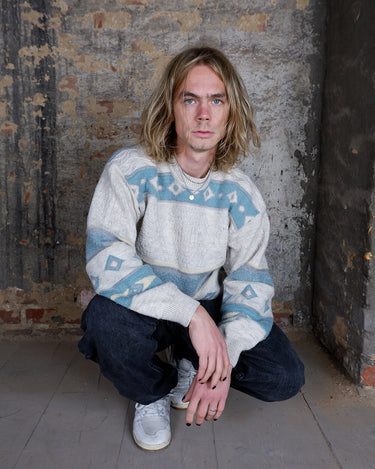 Vintage 90s wool sweater in beige with teal & grey geometric design | M-L