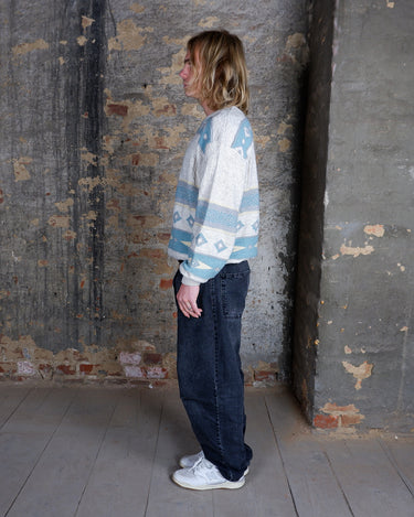 Vintage 90s wool sweater in beige with teal & grey geometric design | M-L