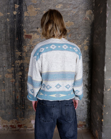 Vintage 90s wool sweater in beige with teal & grey geometric design | M-L