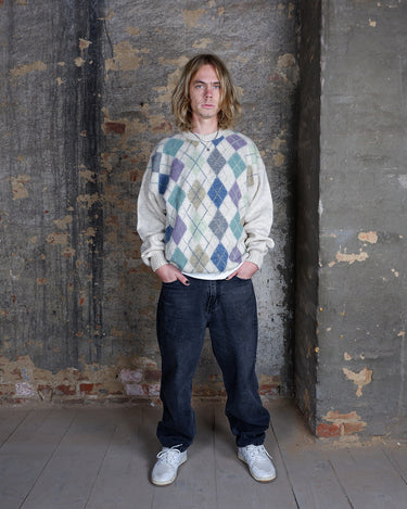 Vintage 80s 90s cream lana wool sweater with colorful argyle pattern | L-XL