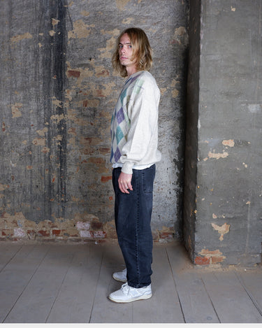 Vintage 80s 90s cream lana wool sweater with colorful argyle pattern | L-XL