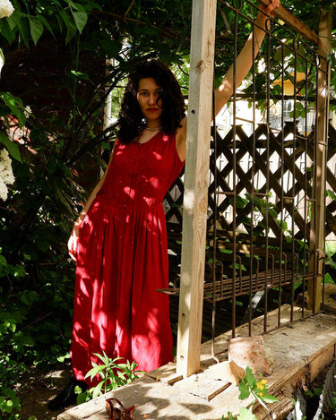 Vintage 90s red maxi viscose sleeveless dress with stiched floral | L