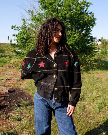 Introducing the ultimate premium jacket for all the 80s lovers out there - the 80s Vintage Dino'z bomber leather jacket with colorful stars! 