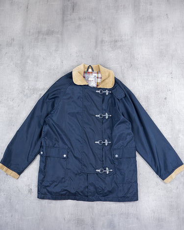 Vintage 80s 90s lightweight navy blue fireman clasp jacket with corduroy collar | L-XL