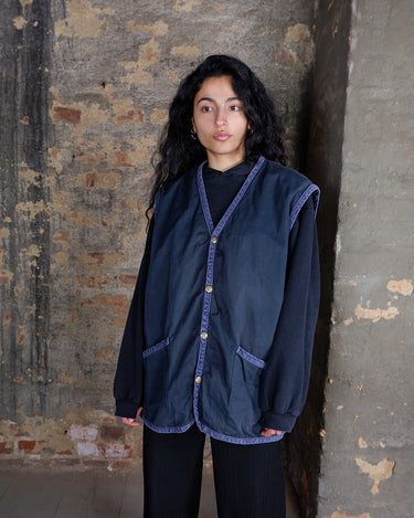 Vintage 90s navy blue cotton vest with corduroy details | L-XL