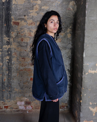 Vintage 90s navy blue cotton vest with corduroy details | L-XL