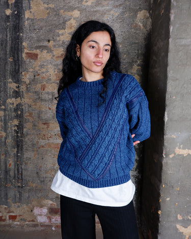 Vintage 80s ROMANA MODE blue sweater with leather details | S-M
