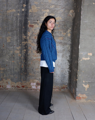 Vintage 80s ROMANA MODE blue sweater with leather details | S-M