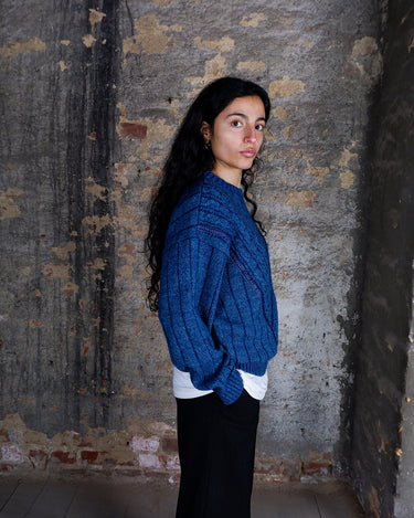 Vintage 80s ROMANA MODE blue sweater with leather details | S-M