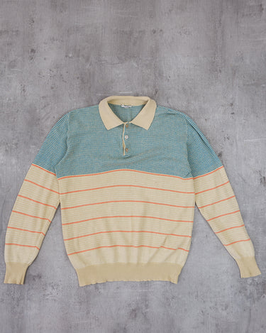 Vintage 80s sheer lightweight blue and yellow striped linen cotton polo sweater | S-M