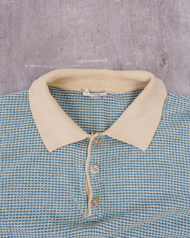 Vintage 80s sheer lightweight blue and yellow striped linen cotton polo sweater | S-M