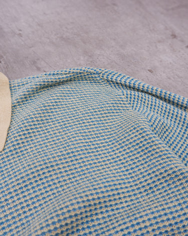 Vintage 80s sheer lightweight blue and yellow striped linen cotton polo sweater | S-M