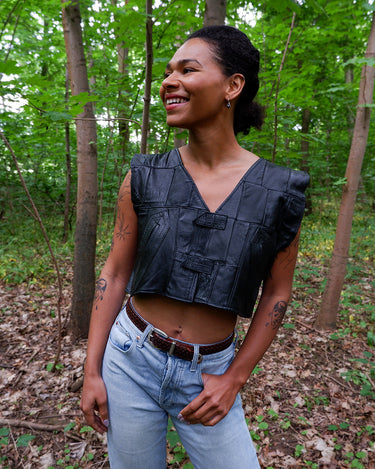 Vintage 90s black patchwork cropped leather vest | S-L