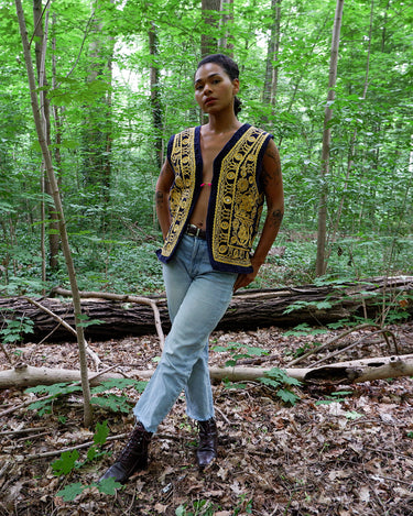 Premium Vintage afghan velvet vest in navy blue with gold details | L–XL