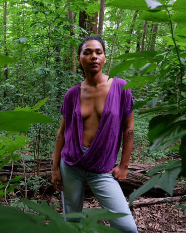 Vintage 80s 90s purple Georgette silk deep v-collar blouse | S-L