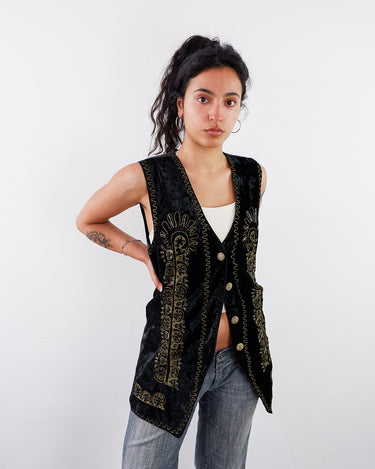 Vintage 90s black velvet long vest with golden embroidery | S-M