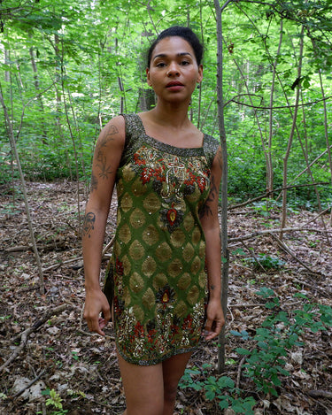 Handmade vintage 90s embroidered green slip mini dress (recommended for tiny chest) | XXS