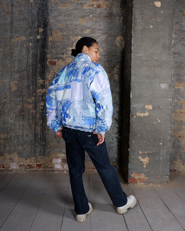 Vintage 80s colorfol pattern high collar light puffer jacket (removable hood) | M-L