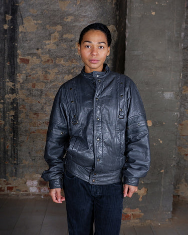 Vintage 80s industrial grey leather jacket with tactical D ring detail | S-M