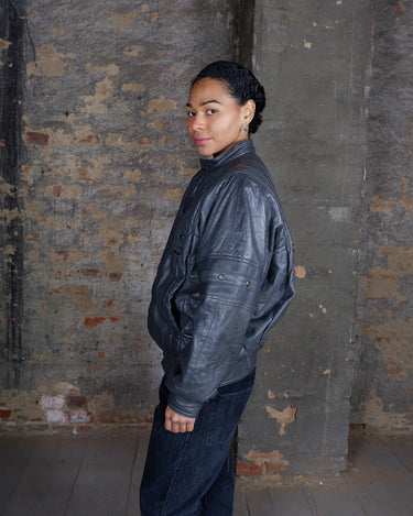 Vintage 80s industrial grey leather jacket with tactical D ring detail | S-M