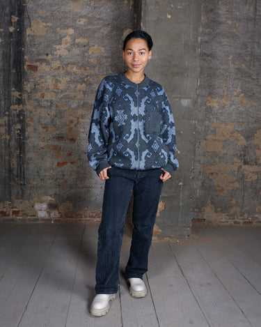 Vintage 80s 90s grey woolmix zip-up cardigan with ornament pattern and glitter accents | Size S-L