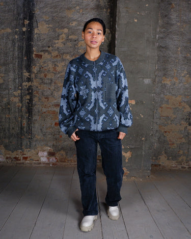 Vintage 80s 90s grey woolmix zip-up cardigan with ornament pattern and glitter accents | Size S-L