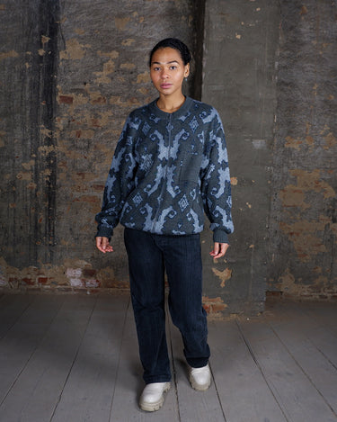 Vintage 80s 90s grey woolmix zip-up cardigan with ornament pattern and glitter accents | Size S-L