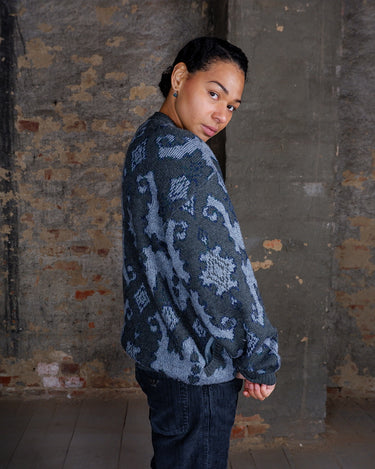 Vintage 80s 90s grey woolmix zip-up cardigan with ornament pattern and glitter accents | Size S-L