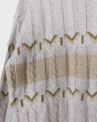 Tired of the same-old, boring sweaters? Look no further than this vintage 80s sweater! It's the perfect mix of classic and oldscool with its dirty white beige hue and classic cable knit pattern. Brown geometric details give it a subtle but unique edge. The thin knit makes it perfect for all-year wear!