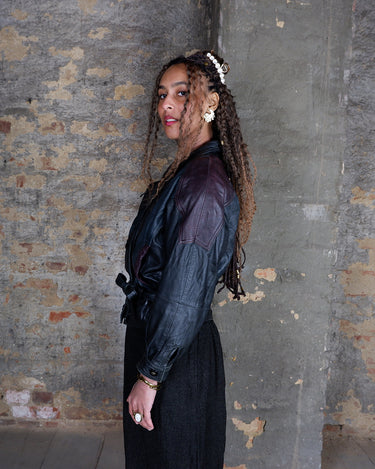 Vintage 80s buttery soft leather batwing fit jacket with shoulder pads  | black, green & burgundy color-block | mob wife aesthetic | Size XS-S