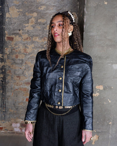 Vintage 80s crop fit black leather jacket with golden buttons (thin) | XS-S