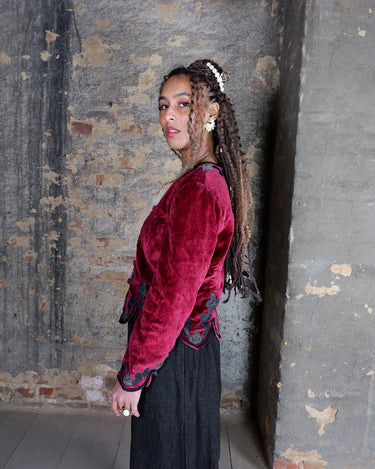 Premium handmade red velvet cotton jacket with leather details | XS-S