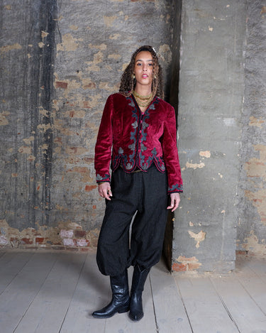 Premium handmade red velvet cotton jacket with leather details | XS-S