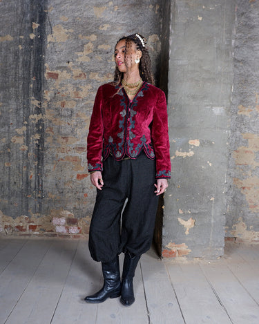 Premium handmade red velvet cotton jacket with leather details | XS-S