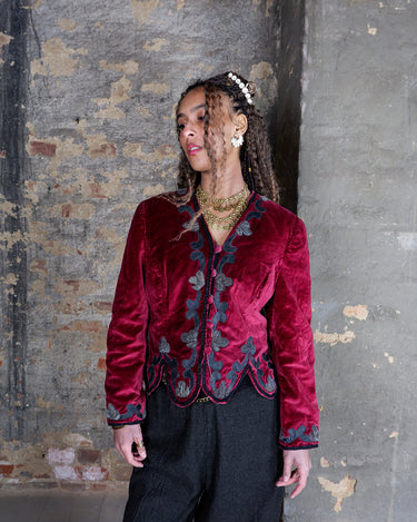 Premium handmade red velvet cotton jacket with leather details | XS-S