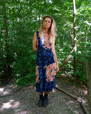 Vintage 80s navy blue boho-style tie-up maxi dress with pink geometric pattern | M–L