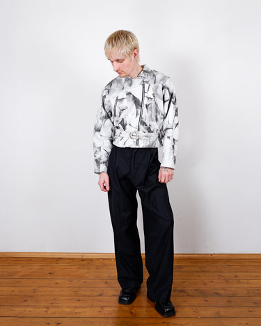 Vintage 80s grey, black and white marble pattern (light!) crop biker jacket with belt | S-L