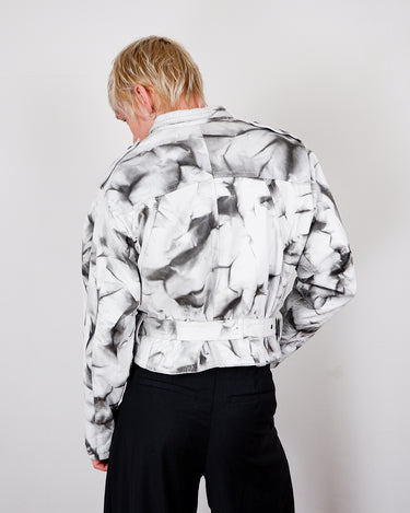 Vintage 80s grey, black and white marble pattern (light!) crop biker jacket with belt | S-L
