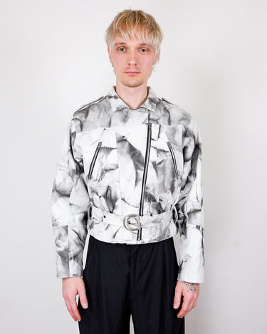 Vintage 80s grey, black and white marble pattern (light!) crop biker jacket with belt | S-L