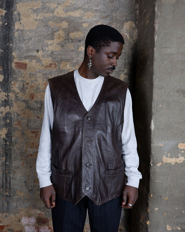 Vintage 90s chocolate brown full leather vest | XL