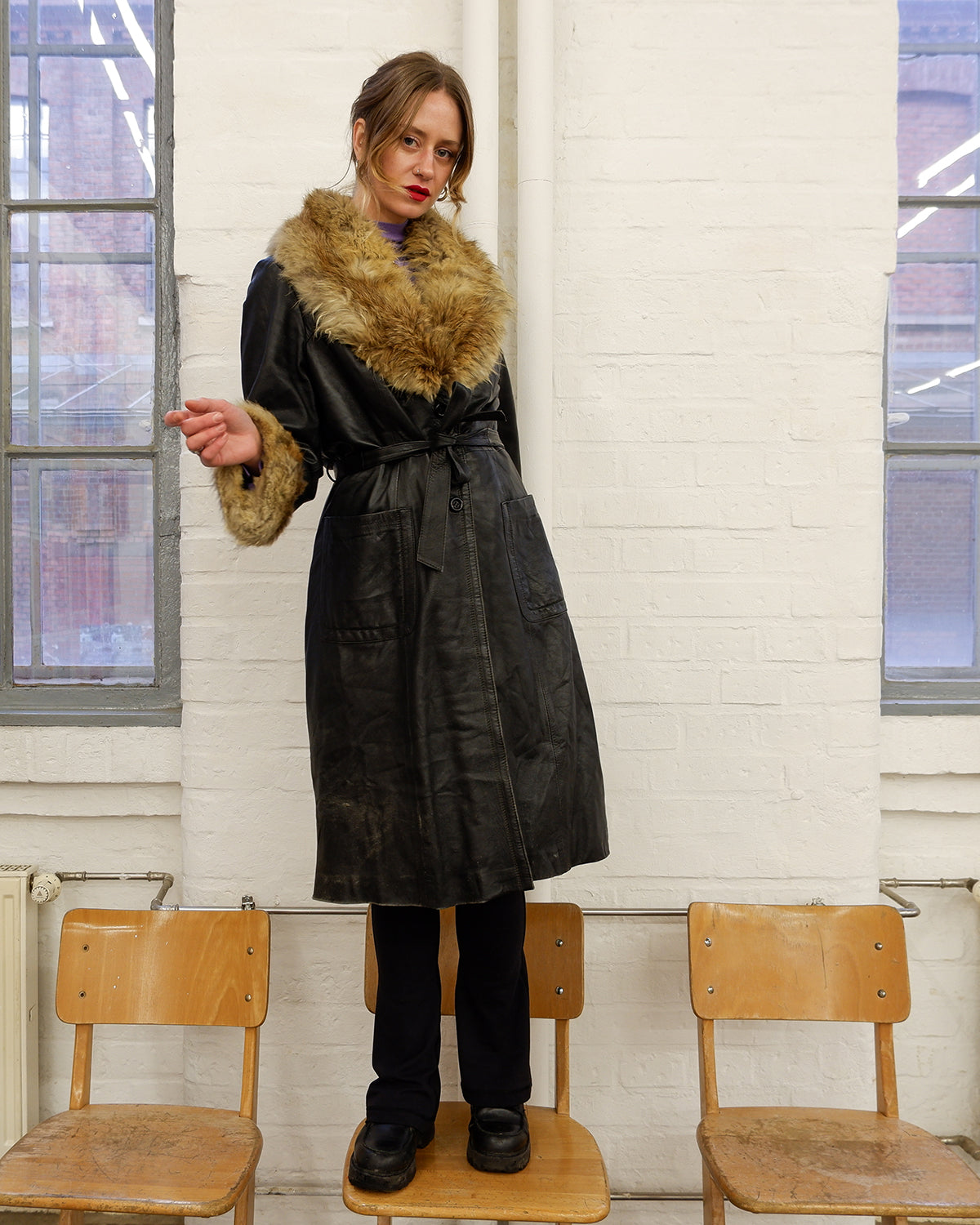 Penny Lane Coat ~ Black Faux Leather with Faux Fur XS