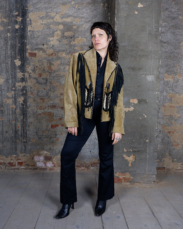 Premium Vintage 80s STARS & STRIPES brown fringe jacket with conchos (no closure) | L