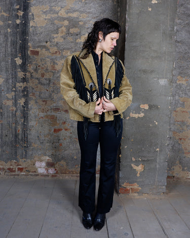 Premium Vintage 80s STARS & STRIPES brown fringe jacket with conchos (no closure) | L