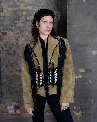 Premium Vintage 80s STARS & STRIPES brown fringe jacket with conchos (no closure) | L