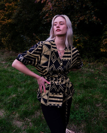 Desinger Vintage 80s Marella (by Max Mara) cotton geometric pattern short sleeve blouse and shoulder pads | L