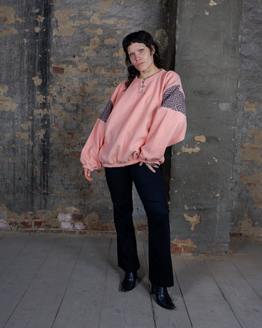 Vintage 90s Salmon Pink Fleece Sweater with shell buttons | L