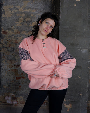 Vintage 90s Salmon Pink Fleece Sweater with shell buttons | L
