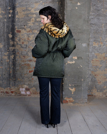 90s Vintage Y2k shimmering golden-green lightweight spring autumn parka with adjustable waist and leopard trim | Size M-XL