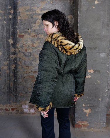 90s Vintage Y2k shimmering golden-green lightweight spring autumn parka with adjustable waist and leopard trim | Size M-XL